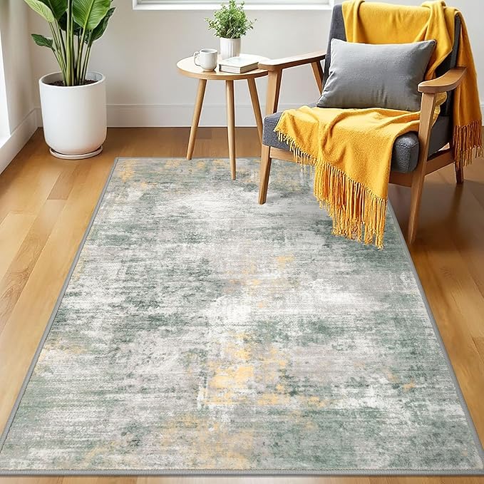 IOHOUZE Abstract Area Rug 3x5 Ft Washable Rugs for Entryway Indoor, Non Slip Kitchen Rug Printed Faux Wool Throw Rugs, Indoor Door Mat for Door Entrance Foyer Living Room, Light Green/Gray/Orange