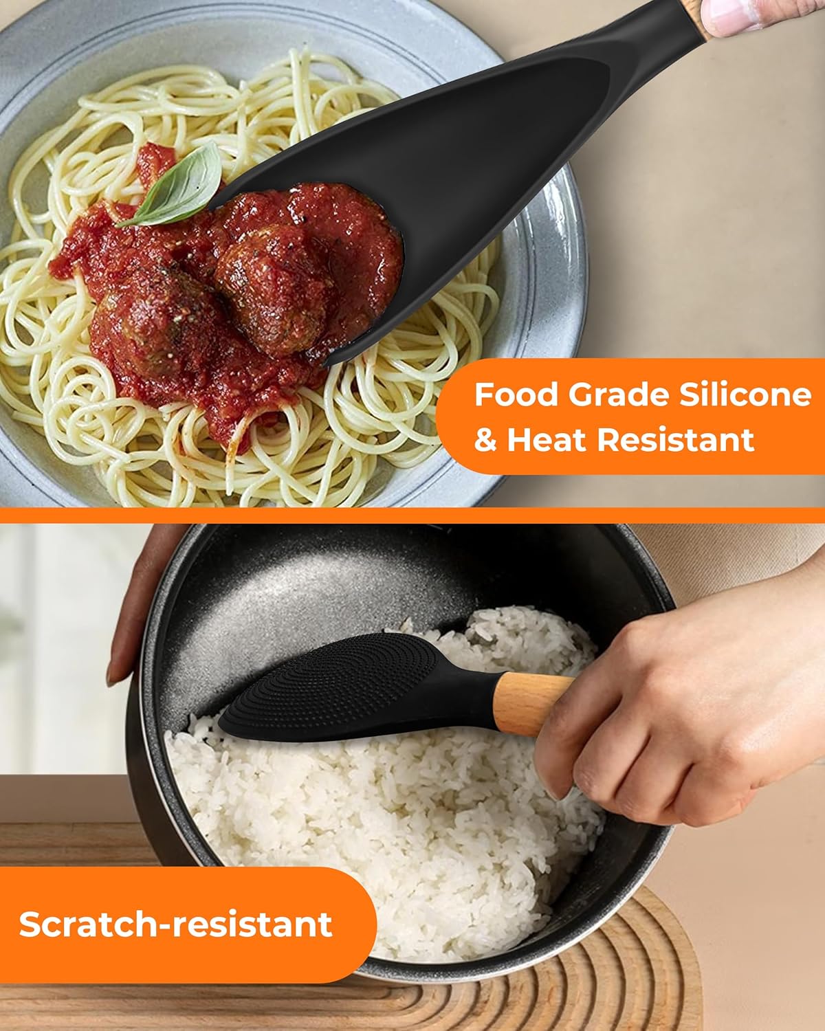 Multifunction Silicone Spatula Spoon 2-Pack Dual-Use-Heat-Resistant 446°F BPA-Free Non-Toxic Cooking for Non-Stick Cookware,Rice Cookers,Wooden Handle Scoop/Serve Meal/Rice Spoon Set (Black)