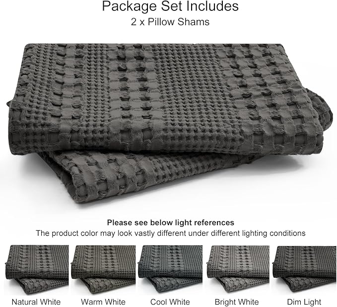 PHF 100% Cotton Waffle Pillow Shams Queen Size, 2 Pack 20" x 30" Soft Skin-Friendly Pillowcases, No Filling, Aesthetic Woven and Breathable Waffle Weave Pillow Case Covers for Bed, Charcoal Grey