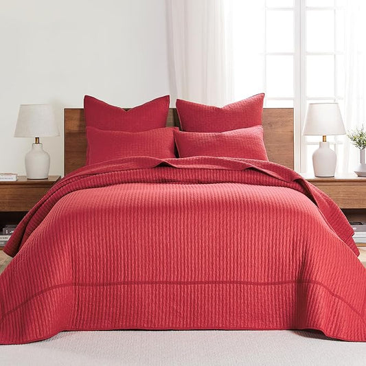 Levtex Home Cross Stitch Reversible Queen Bedspread Set (104x106in) with 2 Pillow Shams (26x20in) - Stitch Texture - Chile Red - Cotton Queen Size Bedspread Set - Lightweight, Soft, Pre-Washed
