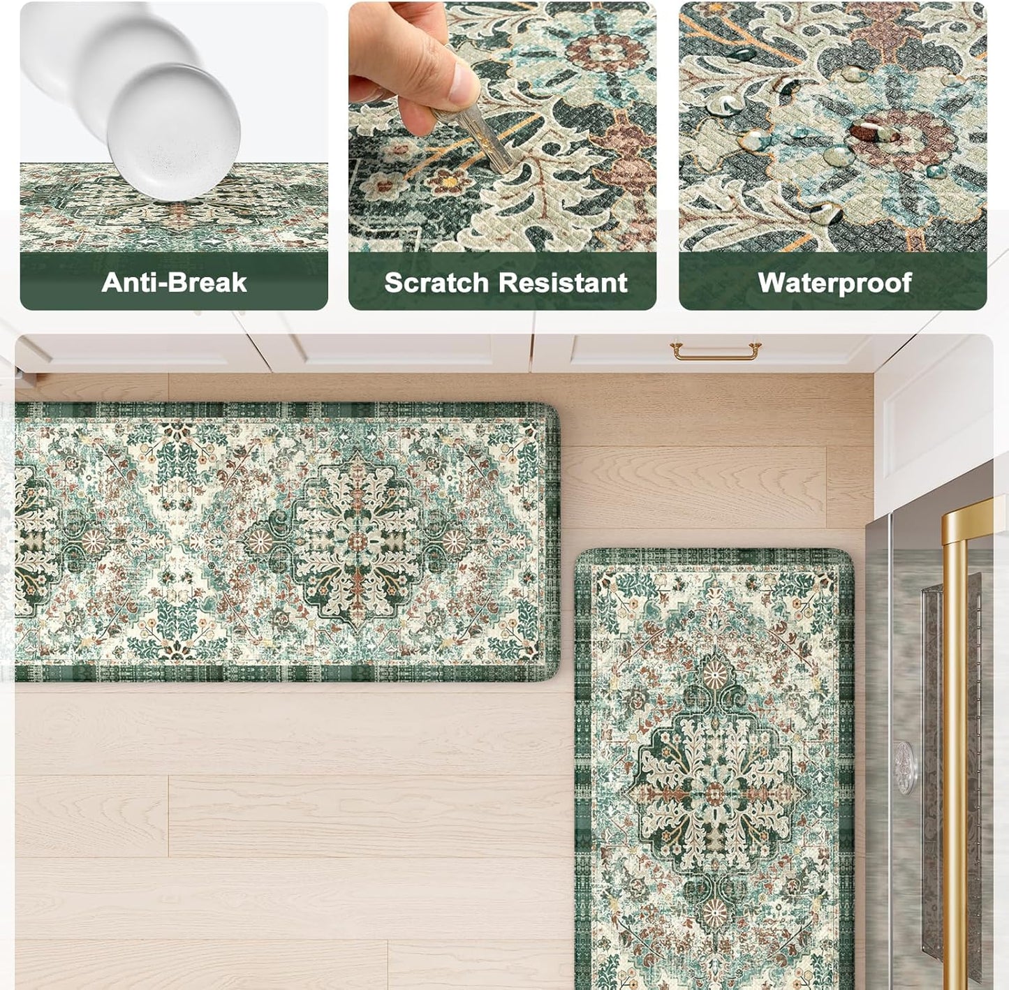 KIMODE Kitchen Mats Cushioned Anti Fatigue, Boho Oriental Kitchen Rugs 17"x47"+17"x29", Non Slip Kitchen Mats for Floor, Padded Kitchen Floor Mats for Sink Laundry Office Desk Green Multi