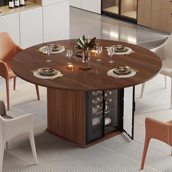 IBF 47" Round Dining Table with Fridge Storage Space, Circle Kitchen Table for 4 to 6 People, Dining Room Tables with Adjustable Shelf, Wood Dinner Tables for Home Kitchen, Walnut (Only Table)
