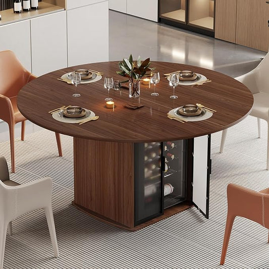 IBF 47" Round Dining Table with Fridge Storage Space, Circle Kitchen Table for 4 to 6 People, Dining Room Tables with Adjustable Shelf, Wood Dinner Tables for Home Kitchen, Walnut (Only Table)