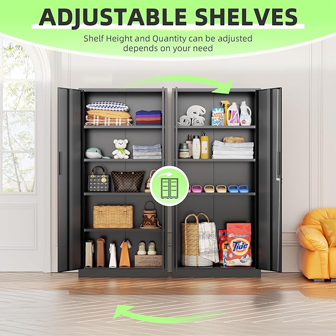 SUNCROWN 72" Metal Storage Cabinet - Heavy-Duty Metal Garage Cabinet with 4 Adjustable Shelves & 2 Doors for Tools, Office, Home, Workshop,Black-Small