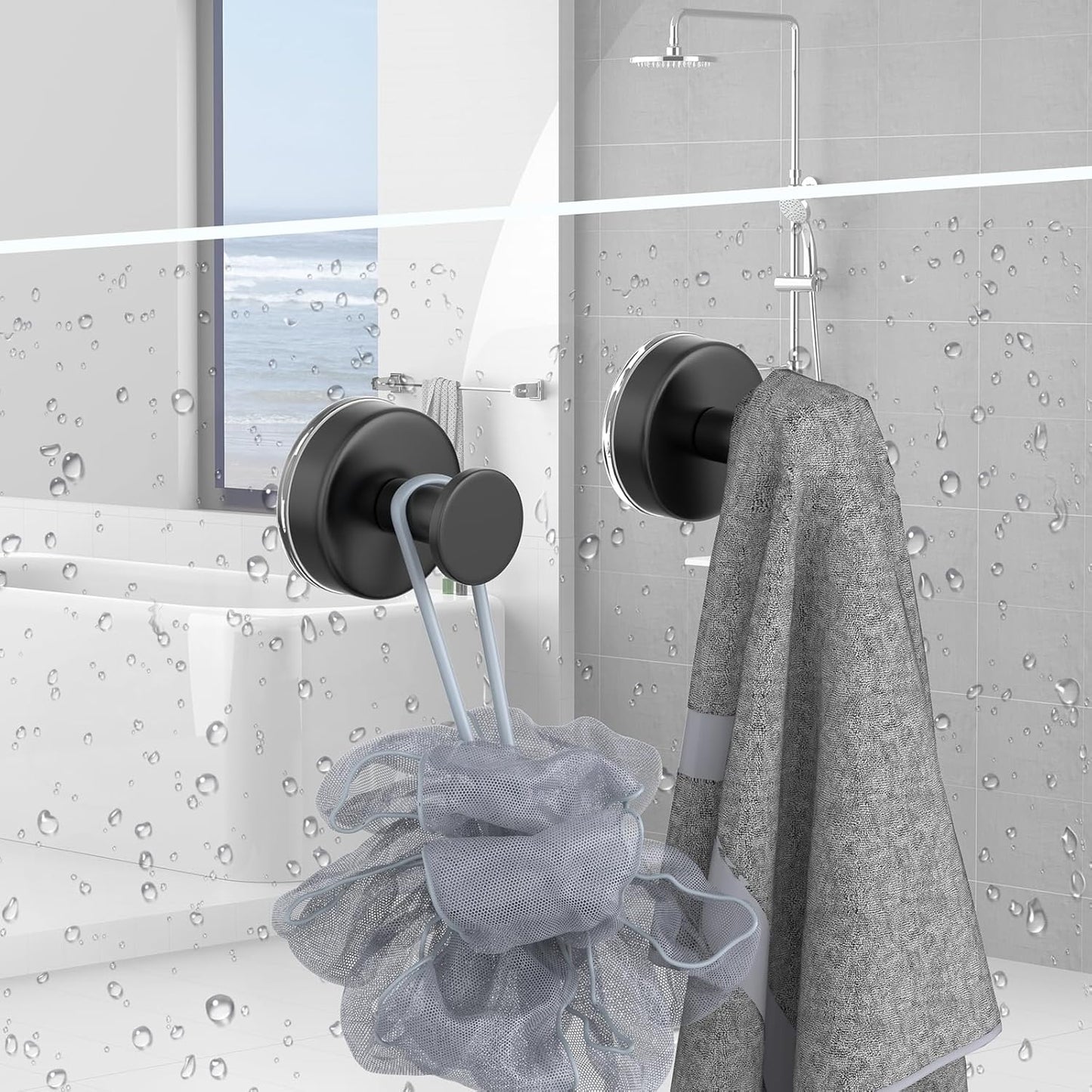Suction Cup Hooks for Shower, Towel Hooks for Hanging Towels, Robes, Bath Balls, Stainless Steel Shower Hooks for Bathroom Wall, Glass Door, Kitchen, Mirror, Tile (2 Pack，Black)