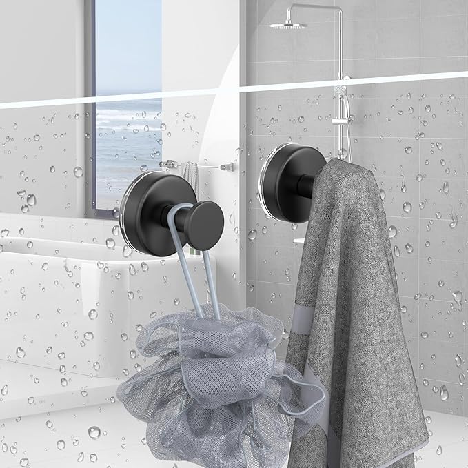 Suction Cup Hooks for Shower, Towel Hooks for Hanging Towels, Robes, Bath Balls, Stainless Steel Shower Hooks for Bathroom Wall, Glass Door, Kitchen, Mirror, Tile (2 Pack，Black)
