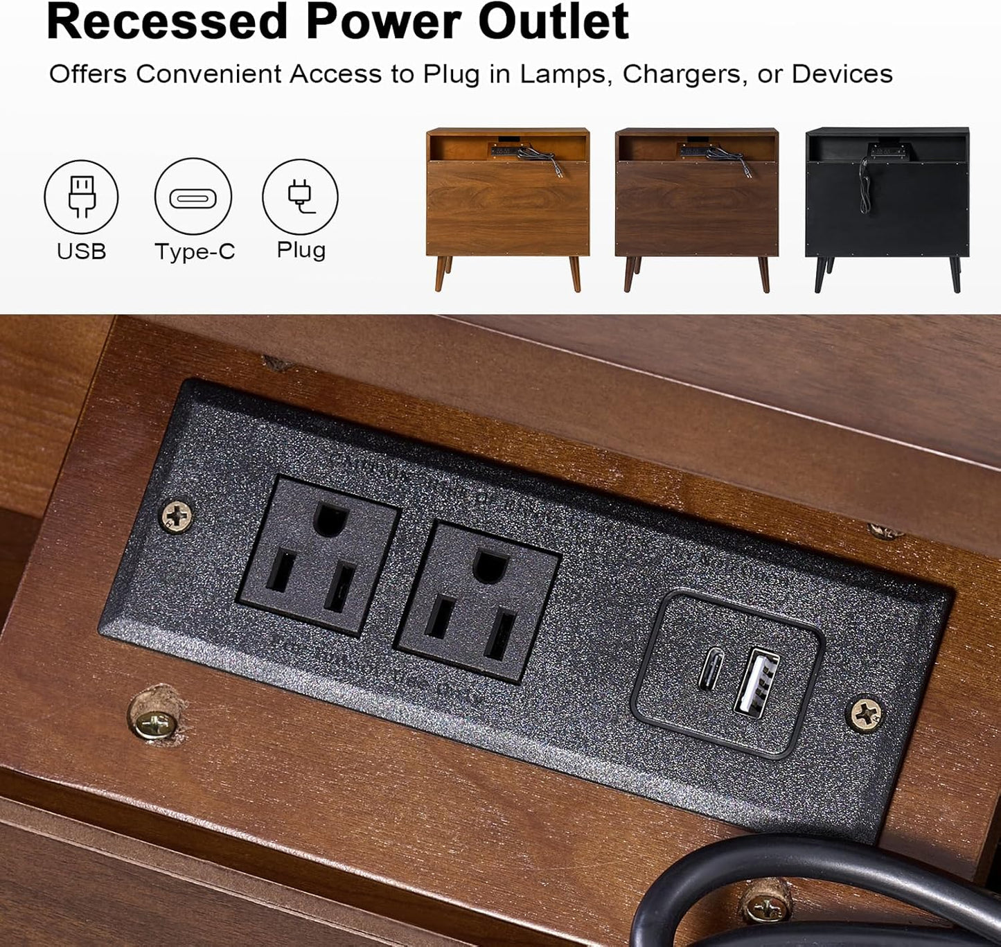 HULALA HOME Mid-Century Modern Nightstand, 3-Drawers Nightstand with Charging Station(Walnut)