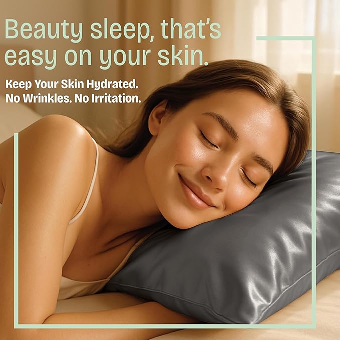 Satin Pillowcase with Zipper, for Hair and Skin Care, Feels Soft and Cool Like a Silk Pillowcase, Satin Pillow Cases 2 Pack, Slik Pillow Cover, Dark Grey - Queen Size