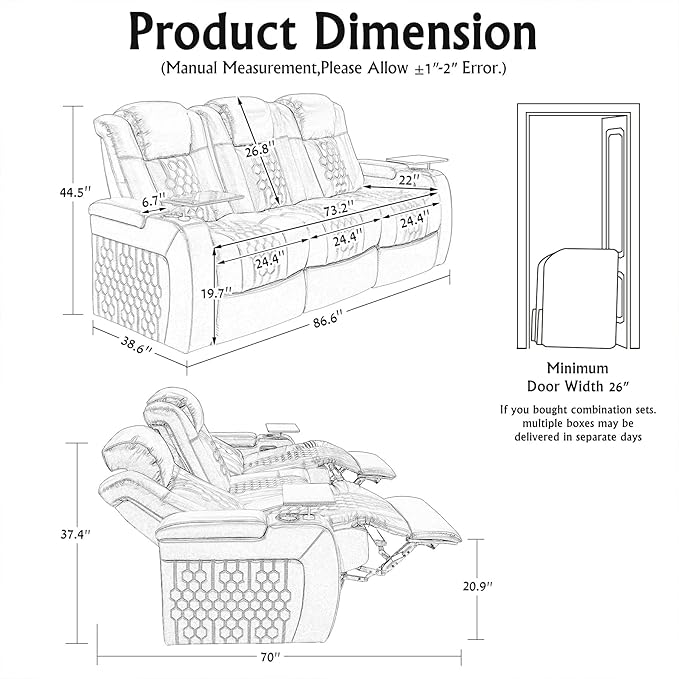 Home Theater Seating, Living Room, Powered Headrest, Powered Lumbar, Italian Leather, Powered Recline, Single Recliner (Coffee Color, Row of 3 Console)