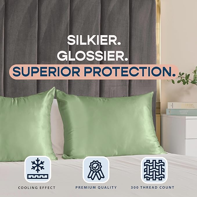 Satin Pillowcase with Zipper, for Hair and Skin Care, Feels Soft and Cool Like a Silk Pillowcase, Satin Pillow Cases 2 Pack, Slik Pillow Cover, Sage Green - Queen Size - Set of 2