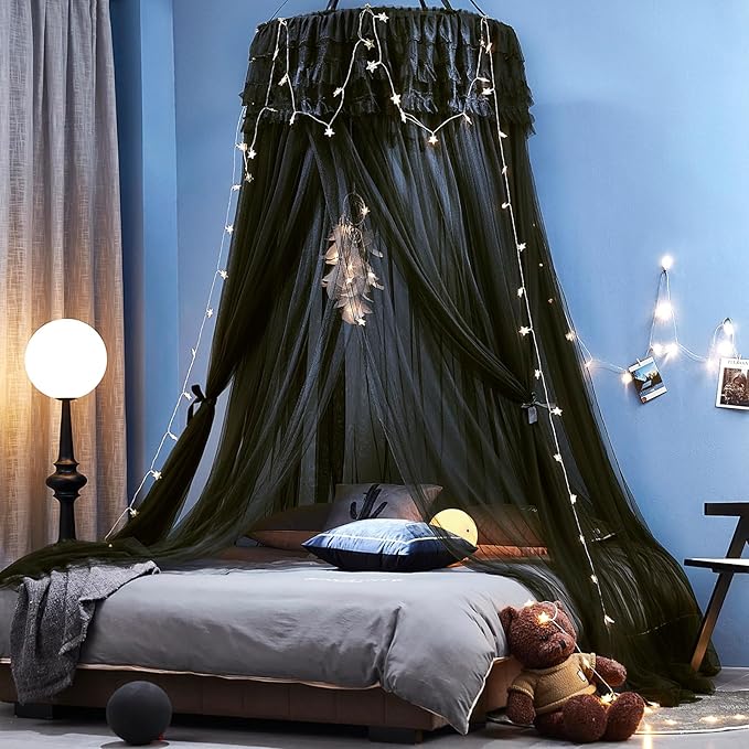 Kertnic Dreamy Bed Canopy for Girls, Princess Canopy Curtains Double Layer Sheer Mesh, Kids & Adults Canopies Netting Room Decor Tent Mosquito Net for Queen King Bed (Double Layer-Black)