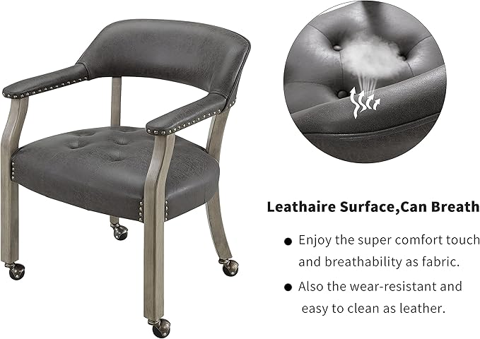 MODERION Solid Wood Boss Caption's Chairs,Dinning Chairs with Wheels and Arms, Office Desk Chairs, Classic Swivel Accent Chairs with Upholstered,Dinner Chairs, 31.5¡±H for Living Room Gray SY1318GY