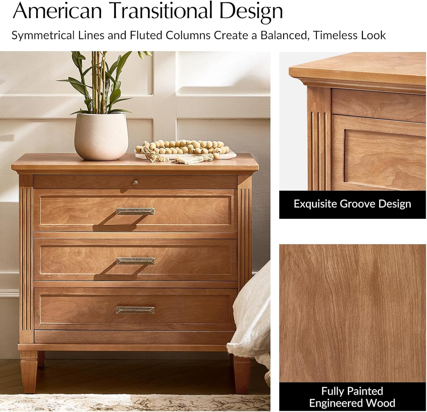 HULALA HOME Farmhouse Nightstand with Charging Station, Pull-Out Tray, 3 Drawers Nightstand with Solid Wood Legs, Wood Veneer Bedside Table with Open Shelf Set of 2, Acorn