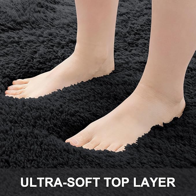 OLANLY 3x5 Machine Washable Small Bedside Rug, Soft Fluffy Shaggy Rugs for Living Room, Bedroom, Indoor Floor Carpet for Kids Girls and Boys, Preppy Dorms, Nursery, Home Decor Aesthetic, Black