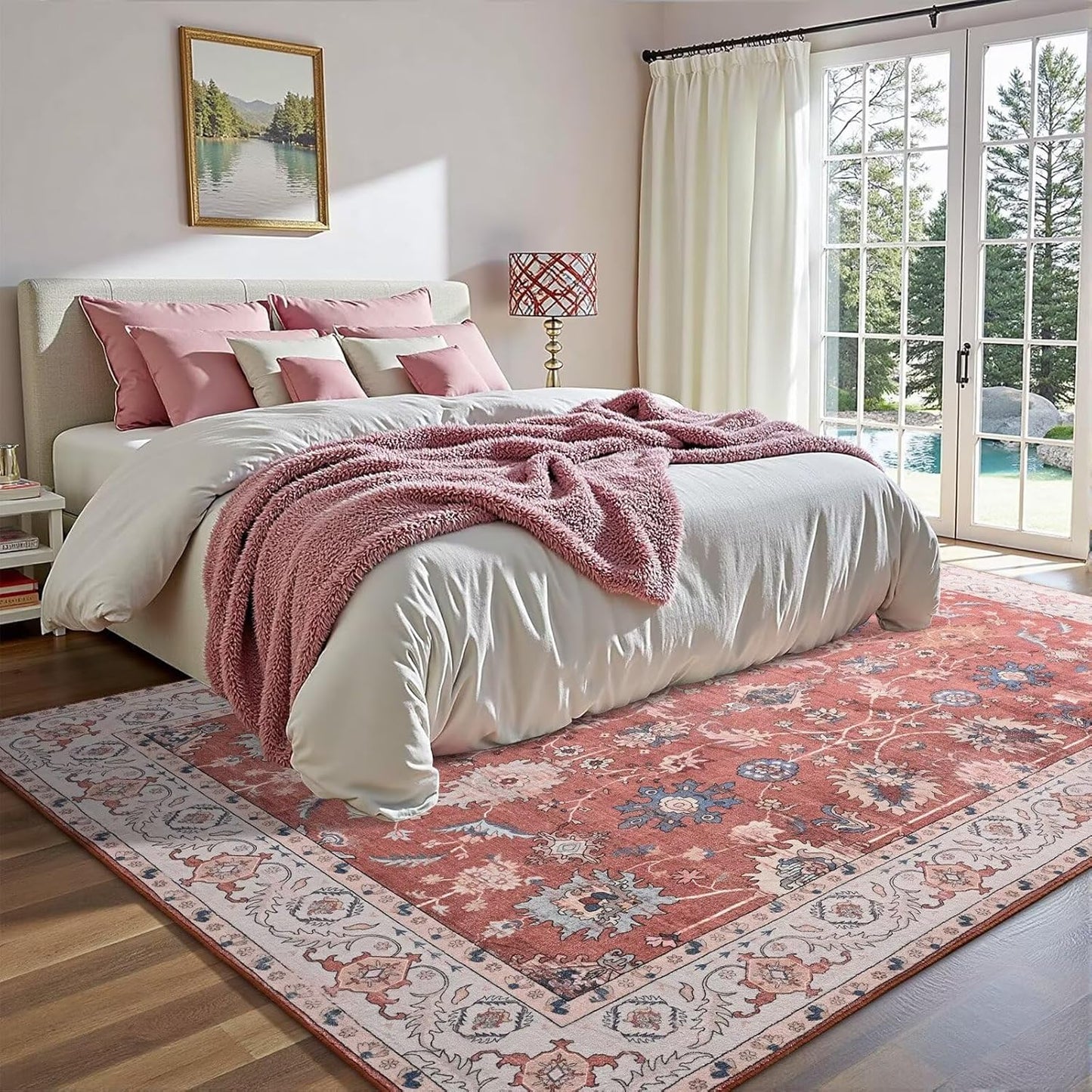 Vasofe 4x6 Rug for Bedroom, Washable Living Room Rugs for Dining Room, Red Indoor Floor Mat, Vintage Floral Mats for Home Decor, Farmhouse, Laundry Room, Non Slip Low Pile Soft Modern Carpet