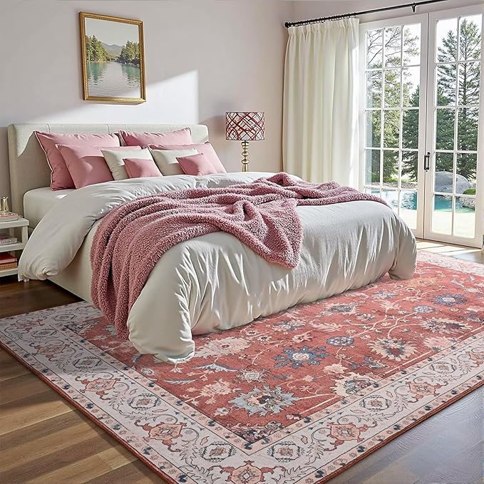 Vasofe 6x9 Rug for Bedroom, Washable Living Room Rugs for Dining Room, Red Indoor Floor Mat, Vintage Floral Mats for Home Decor, Farmhouse, Laundry Room, Non Slip Low Pile Soft Modern Carpet