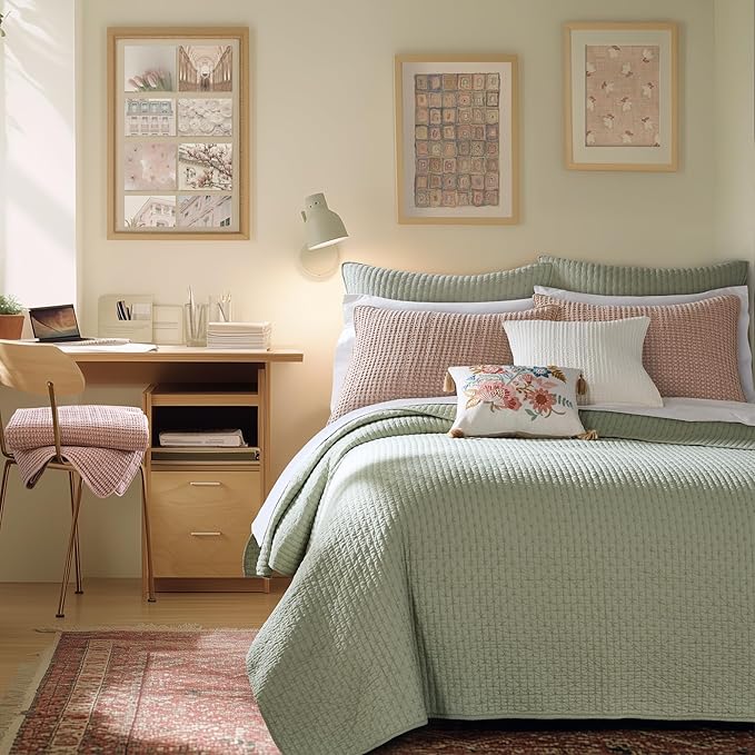 Levtex Home Cross Stitch Reversible Twin XL/Twin Quilt Set (68x86in) with 1 Pillow Sham (26x20in) - Stitch Texture - Desert Sage - Cotton Twin Size Quilt Bedding Set - Lightweight, Soft, Pre-Washed