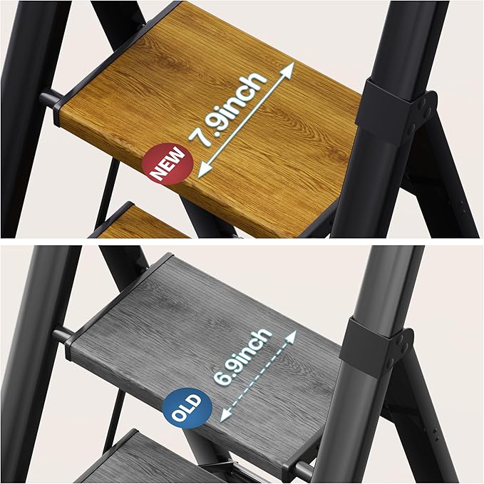 HillhutApex 3 Step Foldable Aluminum Step Ladder with Handgrip, Anti-Slip Wide Pedal, 330 lbs Capacity, Lightweight & Portable for Home, Kitchen, Office (Black & Woodgrain)