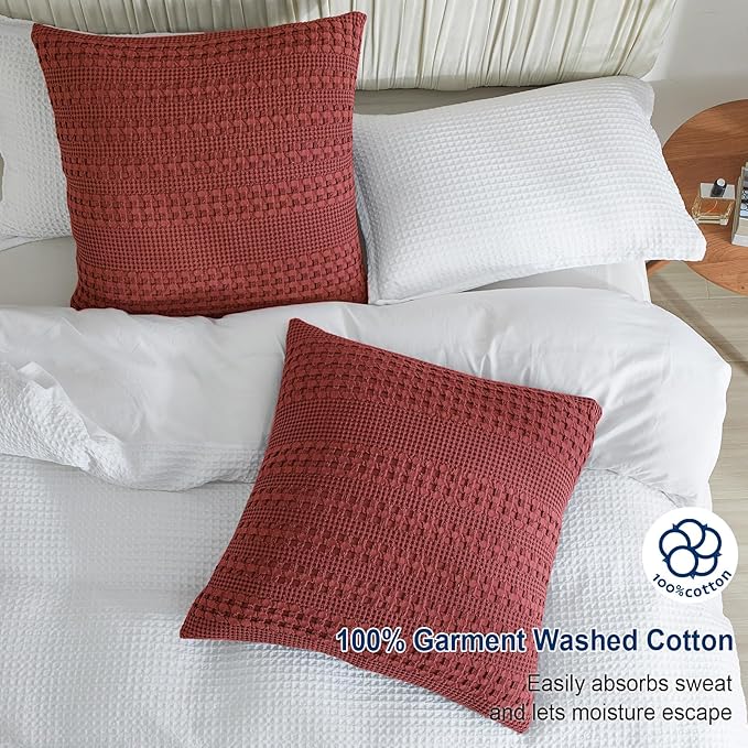 PHF Waffle Weave Euro Pillow Shams, 2 Pack 100% Cotton Pillow Covers 26x26 Inches for Decor, No Insert, Luxury Aesthetic Euro Pillow Cases for Bedroom Decor, Wine Red
