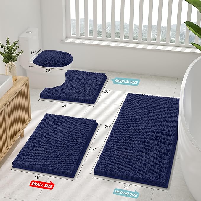 Smiry Luxury Chenille Bathroom Rugs 34x21, Extra Soft and Absorbent Shaggy Bath Mat, Machine Washable, Non-Slip Plush Carpet Runner for Tub, Shower, and Floor, Home Decor Accessories, Navy Blue