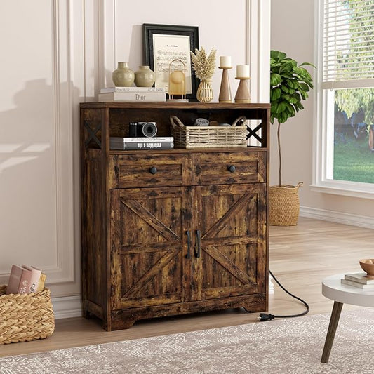 31.5" Rustic Brown Storage Cabinet with Doors and Drawers, Farmhouse Sideboard Buffet Cabinet with Storage, Kitchen Pantry Hutch, Coffee Bar Station Table for Kitchen, Livingroom, Dining Room
