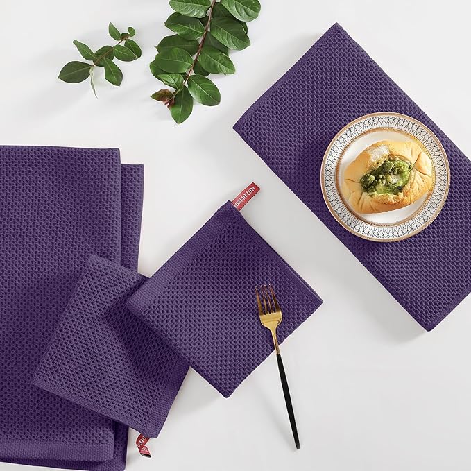 Homaxy 100% Cotton Kitchen Towels and Dishcloths Set, 12 x 12 Inches and 13 x 28 Inches, Set of 12 Bulk Kitchen Towels Set, Ultra Soft Absorbent Dish Cloths for Washing Dishes, Eggplant