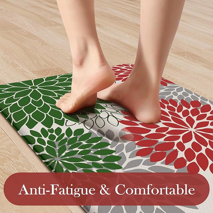 KIMODE Farmhouse Christmas Kitchen Rugs, Anti Fatigue Kitchen Mats for Floor 2 Piece, Memory Foam Kitchen Floor Mats Non Slip for Christmas Kitchen Decor Laundry Office Sink Red/Green 17"x47"+17"x29"