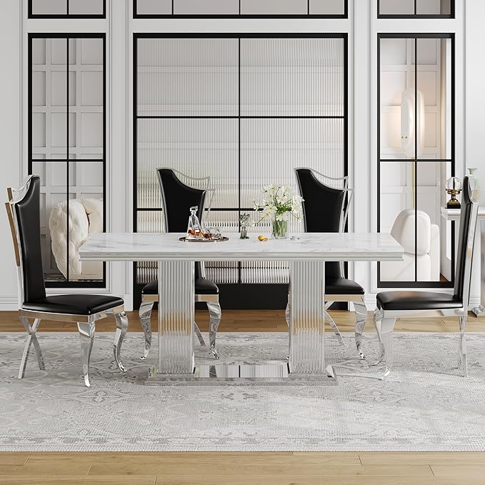 HomVent 70.08 Inch Modern Rectangular Faux Marble Dining Table with Stainless Steel Legs (Silver)