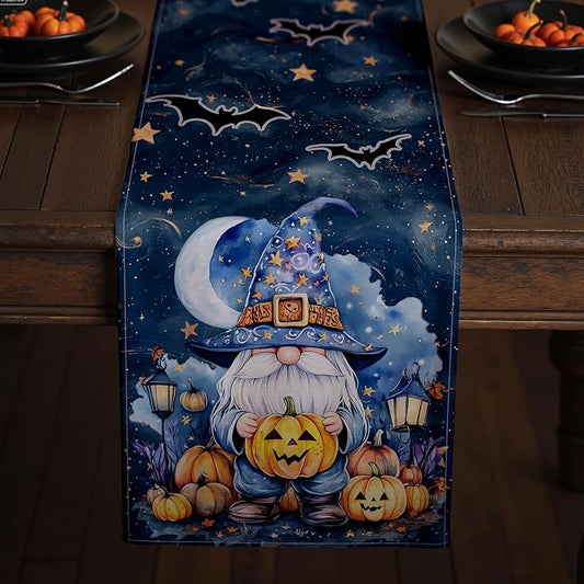 Halloween Table Runner with Gnomes, Bats & Pumpkins, Table Decoration for Dining Party and Home Decor,48x13 inches
