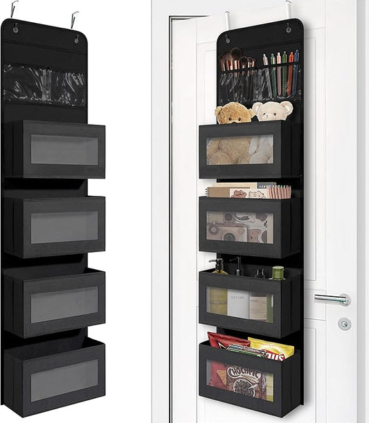 Over Door Organizer with 4 Large Capacity Pockets, Hanging Organizer Storage for Closet Bathroom Nursery Bedroom Dorm, Toys Cosmetics Sundries and Baby Essentials, Black