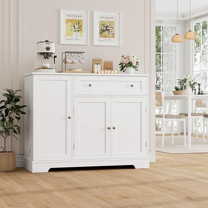 HOSTACK Buffet Cabinet with Storage, Modern Sideboard Buffet with Doors, Wood Coffee Bar Kitchen Storage Cabinet with Drawer and Adjustable Shelf for Kitchen, Dining Room, Living Room, White