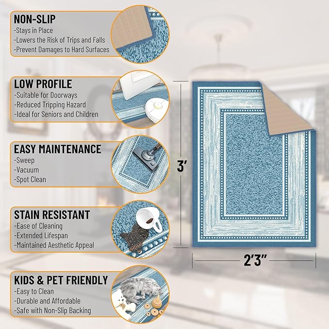 Ottomanson Rugs for Entryway 2'3" x 3' Non Slip Border Small Area Rugs Durable Front Door Mat Rug Stain Resistant Entrance Rugs for Bathroom Kitchen Bedroom & Living Room, Turquoise