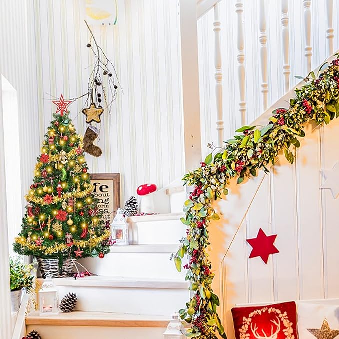 4ft Artificial Christmas Tree with Lights and Ornaments, Small Prelit Xmas Tree with Hanging Balls (8 Modes) for Home Holiday Decoration, Gold+Red+Green