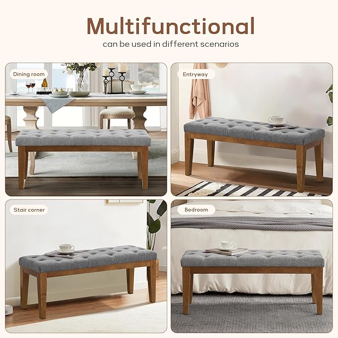 HUIMO Bedroom Bench End of Bed, Upholstered Dining Bench for Kitchen, Button-Tufted Entry Bench, Fabric Ottoman Bench for Living Room, Entryway,Grey, BEN2-4