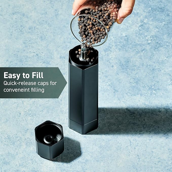 HexClad HexMill Pepper Grinder, Professional Grade Heavy Duty, Refillable, Aluminum Matte Black, Adjustable Ten Coarse Grind Settings