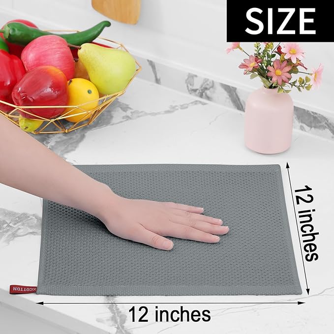 Homaxy 100% Cotton Waffle Weave Kitchen Dish Cloths, Ultra Soft Absorbent Quick Drying Dish Towels, 12 x 12 Inches, 12-Pack, Grey