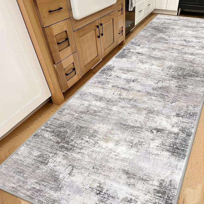 IOHOUZE Abstract Runner Rug 3x14 Ft Washable Runners for Hallways, Non Slip Kitchen Runner Printed Faux Wool Entryway Runner Indoor, Modern Abstract Floor Carpet for Hall Stair, Grey Beige