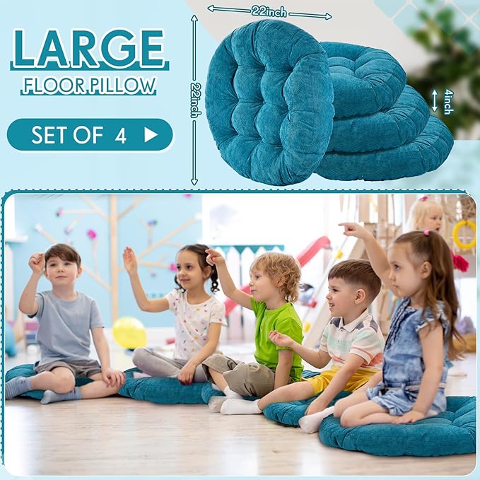 Jerify 4 Pcs Floor Pillow Cushions 22 x 22 Inch Round Square Large Meditation Floor Pillow for Classroom Adult Meditation Picnic Party Cushion for Seating Gift Christmas(Aquamarine,Round)