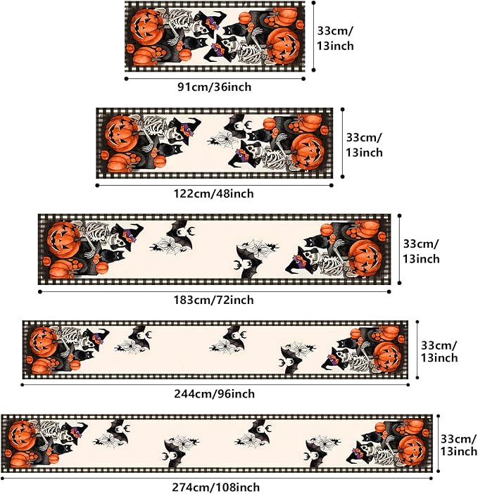 Halloween Table Runner with Spooky Skeletons, Black Cats & Pumpkins, Table Decoration for Dining Party and Home Decor,72x13 inches