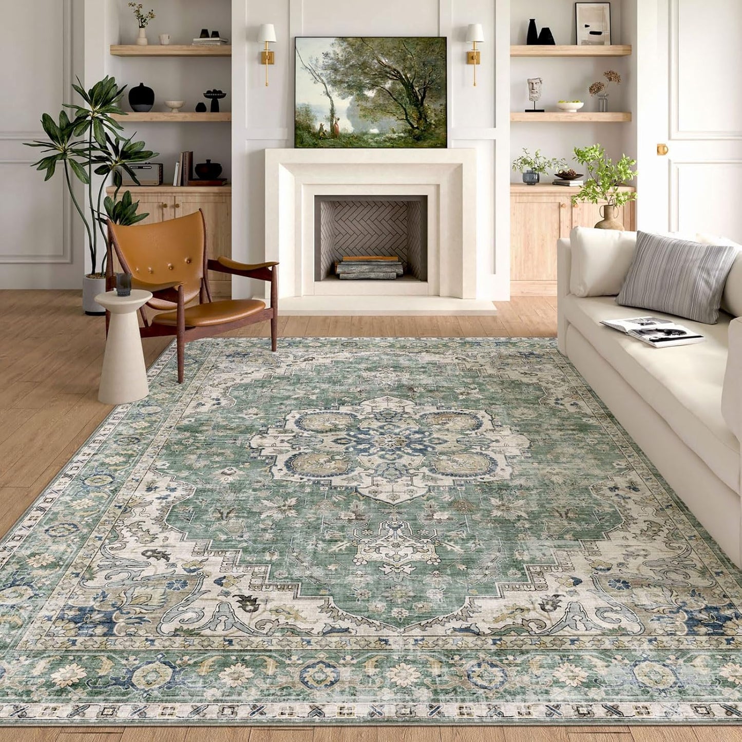 Washable Area Rug 8x10 - Large Sage Green Boho Rugs for Living Room Soft Vintage Bedroom Rug Ultra-Thin Distressed Oriental Carpet Stain Resistant Rug for Dining Room Guest Room Home Decor