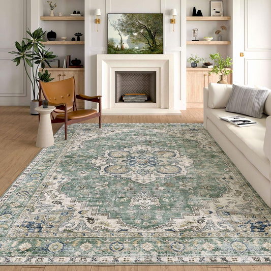 Washable Area Rug 8x10 - Large Sage Green Boho Rugs for Living Room Soft Vintage Bedroom Rug Ultra-Thin Distressed Oriental Carpet Stain Resistant Rug for Dining Room Guest Room Home Decor