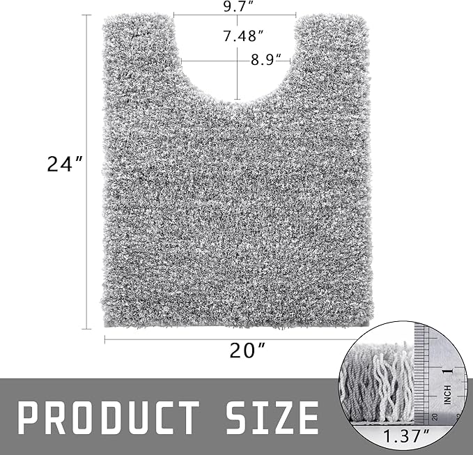 Yimobra Fluffy Toilet Rugs U Shaped, Shaggy Soft Comfortable Non Slip, Water Absorbent Microfiber Bath Mat, Dries Quickly, Machine Washable Thick Bathroom Floor Rugs, 24"x 20", Light Gray and White