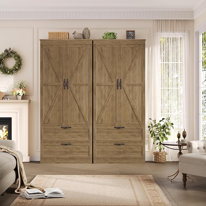 HOSTACK 70" Tall Kitchen Pantry Storage, Barn Doors Pantry Cabinet with Drawers and Adjustable Shelf, Modern Farmhouse Storage Cabinet for Kitchen, Dining Room, Living Room, Bathroom, Rustic Brown