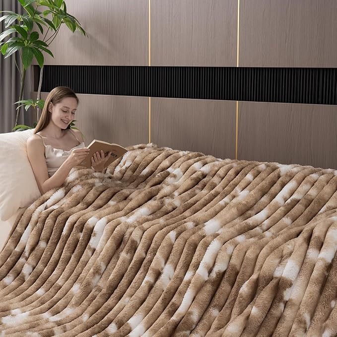 Throw Blanket for Couch - 90" x 90" Faux Rabbit Fur Throw Blanket Cozy Soft Warm Blankets for Bed Sofa Bedroom Living Room Fluffy Striped Blankets for Fall Winter, Home Decor, Brown