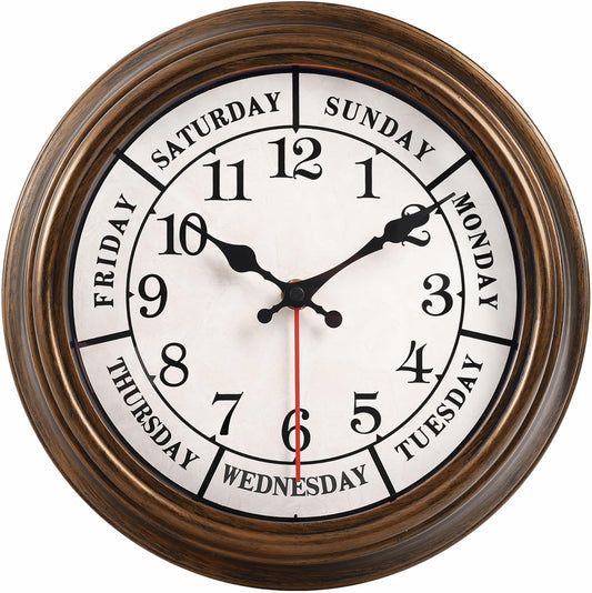 45MinST 12 Inches Retro Wall Clock,Day of The Week Wall Clock,Calendar Day Clock,Silent Non Ticking Battery Operated Movement(Bronze)