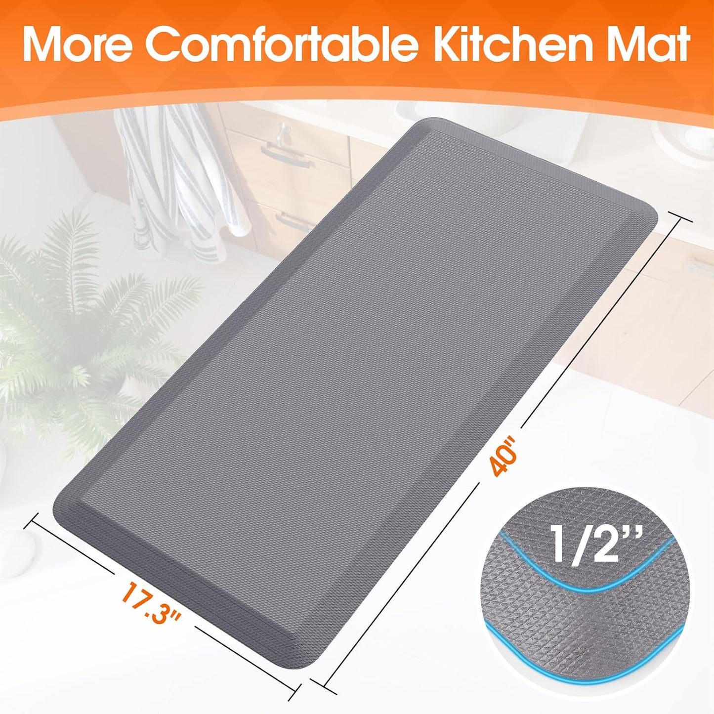 Kitchen Mat, Cushioned Thick Floor Comfort Mat, with Non-Slip Bottom, Waterproof & Stain Resistant & Easy Clean, Standing Desk Mat for Kitchen, Sink, Office (17.3''x39'', Grey)