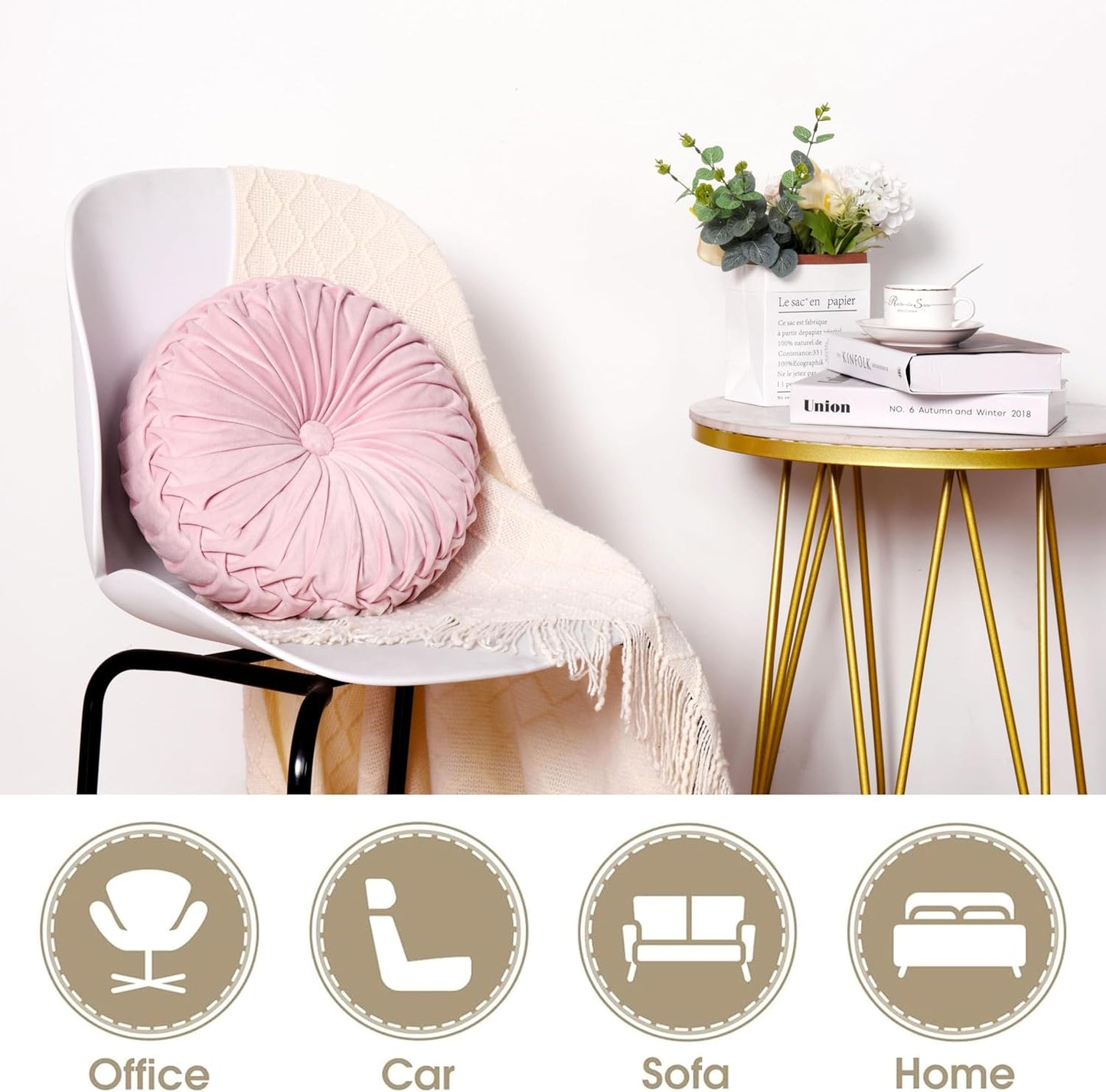 HIG Set of 2 Pink Ruched Velvet Round Throw Pillows – 14.5’’ Decorative Pillows with Soft Polyester Filling for Couch, Bed, Living Room, Bedroom, or Dorm – Handmade, Stress Relieving, All-Season