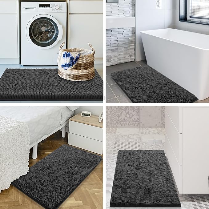 Smiry Luxury Chenille Bathroom Rugs 36x24, Extra Soft and Absorbent Shaggy Bath Mat, Machine Washable, Non-Slip Plush Carpet Runner for Tub, Shower, and Floor, Home Decor Accessories, Charcoal Grey