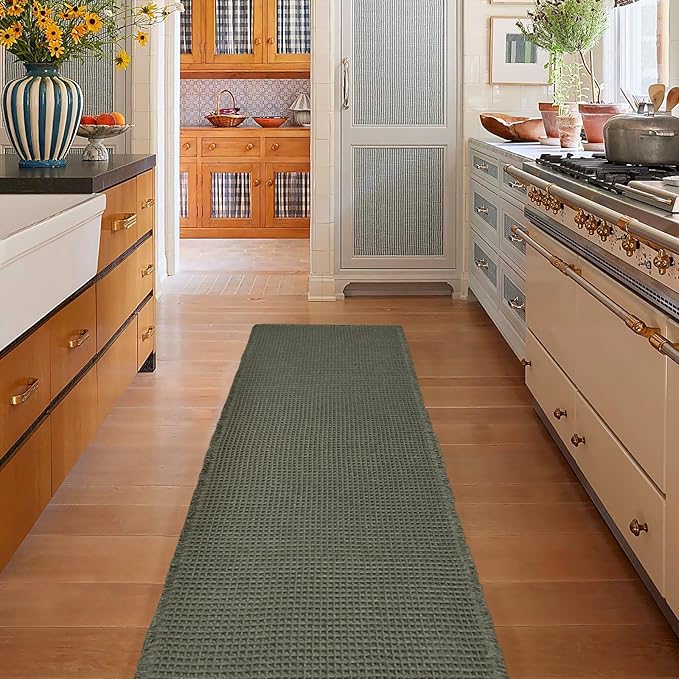 ZALL Waffle Bath Mat,Super Absorbent Non Slip Long Bathroom Runner Rug,Dark Green 24X60inch,Machine Washable Ultra Soft Floor Mats