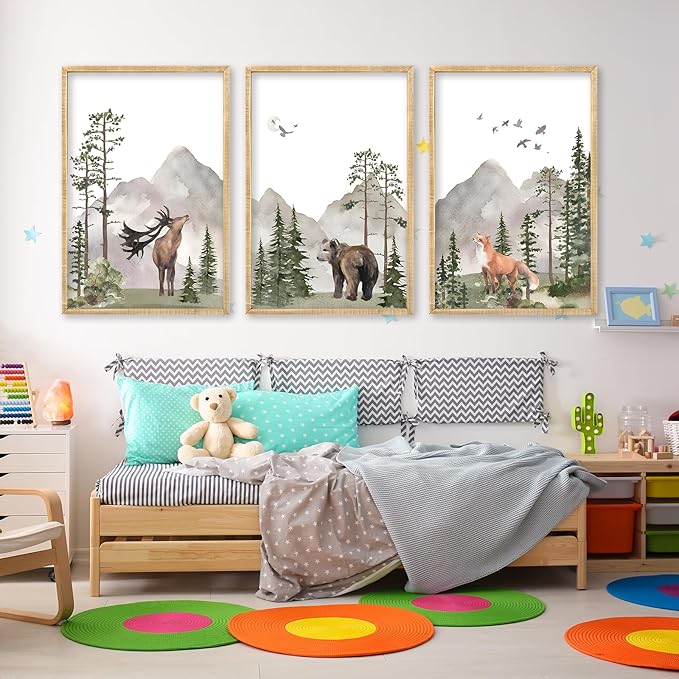 Set Of 3 Wild Woodland Nursery Animals Wall Art Decor 16x24 Inch Nursery Foggy Forest Deer Bear Fox Posters Wood Framed Sign Modren Children's Boys Girls Room Watercolor Prints Hang (Wood)